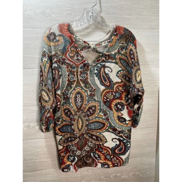 Womens Scoop Neck Paisley‎ Cross-Back  3/4-sleeves Sweater - Picture 3 of 8